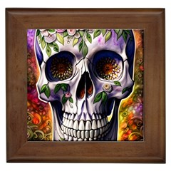 Cute Sugar Skull With Flowers - Day Of The Dead Framed Tile by GardenOfOphir