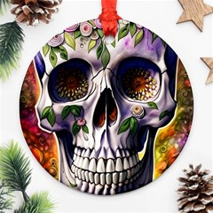 Cute Sugar Skull With Flowers - Day Of The Dead Ornament (round) by GardenOfOphir