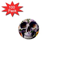 Cute Sugar Skull With Flowers - Day Of The Dead 1  Mini Buttons (100 Pack)  by GardenOfOphir