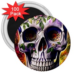 Cute Sugar Skull With Flowers - Day Of The Dead 3  Magnets (100 Pack) by GardenOfOphir