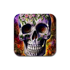 Cute Sugar Skull With Flowers - Day Of The Dead Rubber Coaster (square) by GardenOfOphir