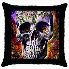 Cute Sugar Skull With Flowers - Day Of The Dead Throw Pillow Case (black) by GardenOfOphir