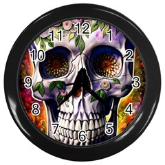 Cute Sugar Skull With Flowers - Day Of The Dead Wall Clock (black) by GardenOfOphir