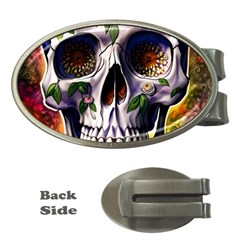 Cute Sugar Skull With Flowers - Day Of The Dead Money Clips (oval)  by GardenOfOphir