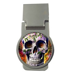 Cute Sugar Skull With Flowers - Day Of The Dead Money Clips (round)  by GardenOfOphir