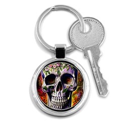 Cute Sugar Skull With Flowers - Day Of The Dead Key Chain (round) by GardenOfOphir