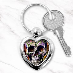 Cute Sugar Skull With Flowers - Day Of The Dead Key Chain (heart) by GardenOfOphir