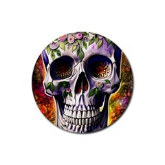 Cute Sugar Skull With Flowers - Day Of The Dead Rubber Round Coaster (4 Pack) by GardenOfOphir