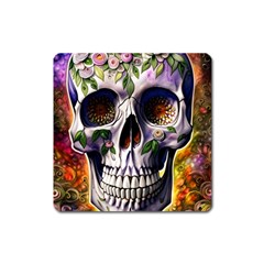 Cute Sugar Skull With Flowers - Day Of The Dead Square Magnet by GardenOfOphir