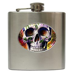 Cute Sugar Skull With Flowers - Day Of The Dead Hip Flask (6 Oz) by GardenOfOphir