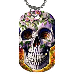 Cute Sugar Skull With Flowers - Day Of The Dead Dog Tag (two Sides) by GardenOfOphir