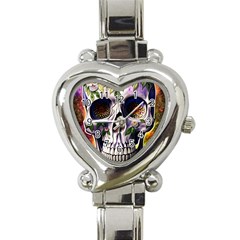 Cute Sugar Skull With Flowers - Day Of The Dead Heart Italian Charm Watch by GardenOfOphir