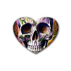 Cute Sugar Skull With Flowers - Day Of The Dead Rubber Coaster (heart) by GardenOfOphir