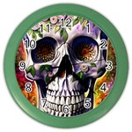 Cute Sugar Skull With Flowers - Day Of The Dead Color Wall Clock Front