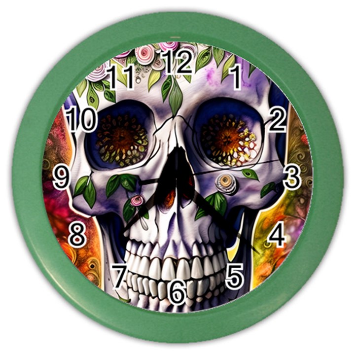 Cute Sugar Skull With Flowers - Day Of The Dead Color Wall Clock