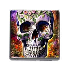 Cute Sugar Skull With Flowers - Day Of The Dead Memory Card Reader (square 5 Slot) by GardenOfOphir