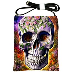 Cute Sugar Skull With Flowers - Day Of The Dead Shoulder Sling Bag by GardenOfOphir