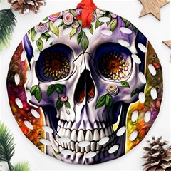 Cute Sugar Skull With Flowers - Day Of The Dead Ornament (round Filigree)