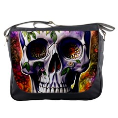 Cute Sugar Skull With Flowers - Day Of The Dead Messenger Bag by GardenOfOphir