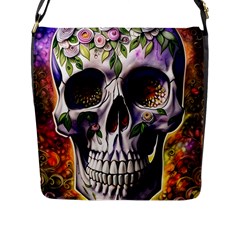 Cute Sugar Skull With Flowers - Day Of The Dead Flap Closure Messenger Bag (l) by GardenOfOphir