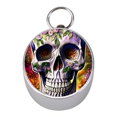 Cute Sugar Skull With Flowers - Day Of The Dead Mini Silver Compasses by GardenOfOphir