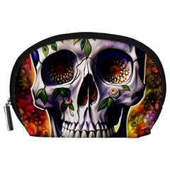 Cute Sugar Skull With Flowers - Day Of The Dead Accessory Pouch (large) by GardenOfOphir