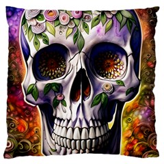 Cute Sugar Skull With Flowers - Day Of The Dead Large Premium Plush Fleece Cushion Case (one Side) by GardenOfOphir