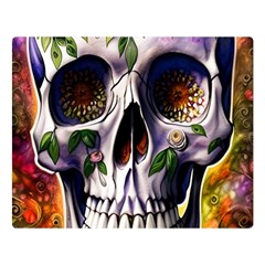 Cute Sugar Skull With Flowers - Day Of The Dead Two Sides Premium Plush Fleece Blanket (large) by GardenOfOphir