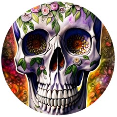 Cute Sugar Skull With Flowers - Day Of The Dead Wooden Bottle Opener (round) by GardenOfOphir