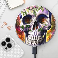 Cute Sugar Skull With Flowers - Day Of The Dead Wireless Fast Charger(white) by GardenOfOphir