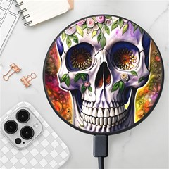 Cute Sugar Skull With Flowers - Day Of The Dead Wireless Fast Charger(black) by GardenOfOphir