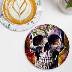 Cute Sugar Skull With Flowers - Day Of The Dead Uv Print Round Tile Coaster by GardenOfOphir