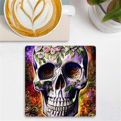 Cute Sugar Skull With Flowers - Day Of The Dead Uv Print Square Tile Coaster  by GardenOfOphir