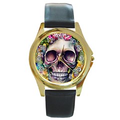 Skull And Bones Retro Round Gold Metal Watch by GardenOfOphir