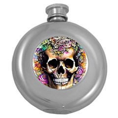 Skeleton Skull Cottagecore Round Hip Flask (5 Oz) by GardenOfOphir