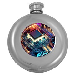 Ai Generated Motherboard City Technology Tech Cpu Round Hip Flask (5 Oz)