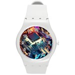 Ai Generated Motherboard City Technology Tech Cpu Round Plastic Sport Watch (M) Front