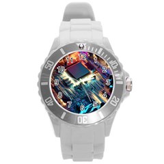 Ai Generated Motherboard City Technology Tech Cpu Round Plastic Sport Watch (l) by Jancukart