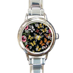 Flowers Butterfly Blooms Flowering Spring Round Italian Charm Watch by Jancukart