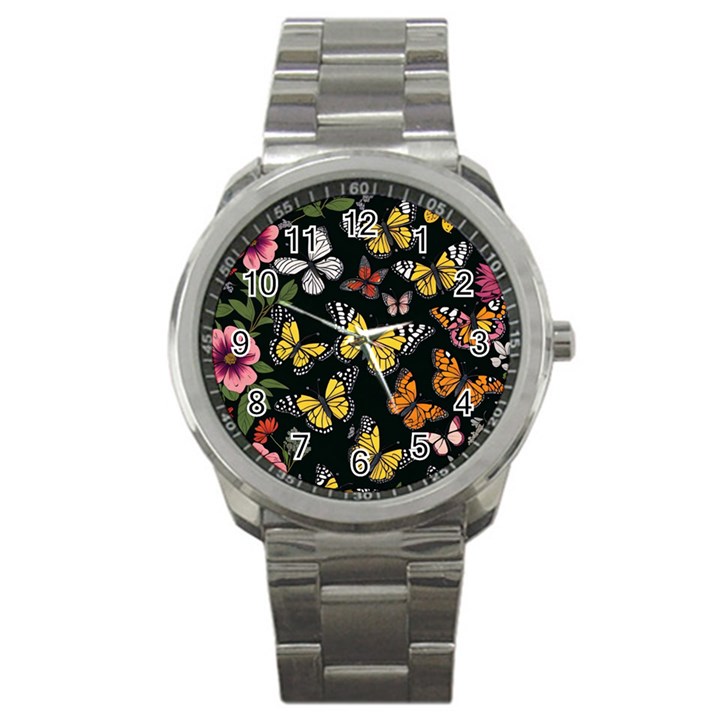 Flowers Butterfly Blooms Flowering Spring Sport Metal Watch