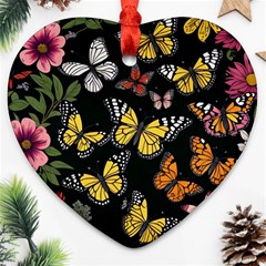 Flowers Butterfly Blooms Flowering Spring Heart Ornament (two Sides)