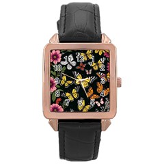 Flowers Butterfly Blooms Flowering Spring Rose Gold Leather Watch 