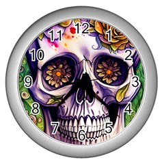 Gothic Sugar Skull Wall Clock (silver) by GardenOfOphir