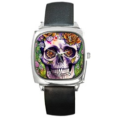 Gothic Sugar Skull Square Metal Watch by GardenOfOphir