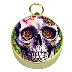 Gothic Sugar Skull Gold Compasses by GardenOfOphir