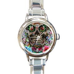 Retro Floral Skull Round Italian Charm Watch by GardenOfOphir