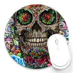 Retro Floral Skull Round Mousepad by GardenOfOphir