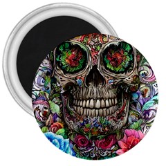 Retro Floral Skull 3  Magnets by GardenOfOphir