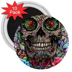 Retro Floral Skull 3  Magnets (10 Pack)  by GardenOfOphir