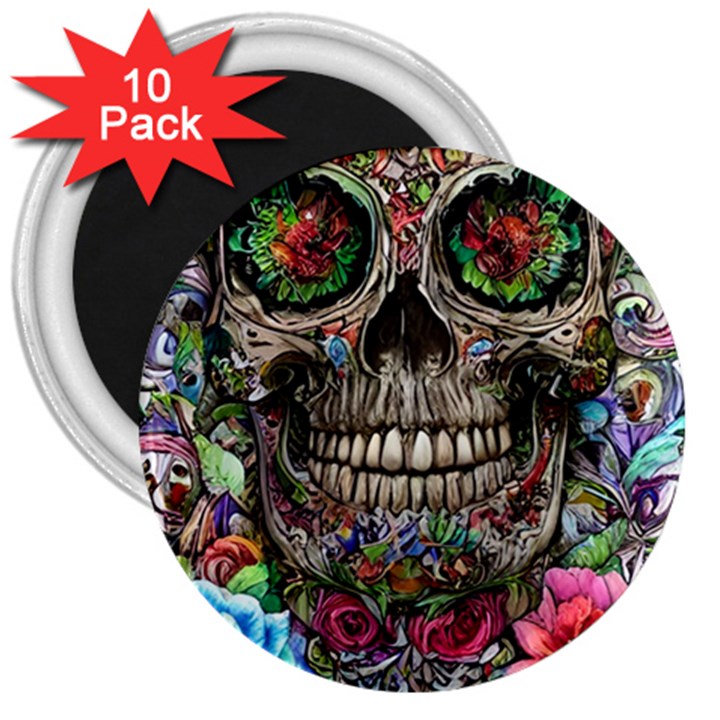 Retro Floral Skull 3  Magnets (10 pack) 